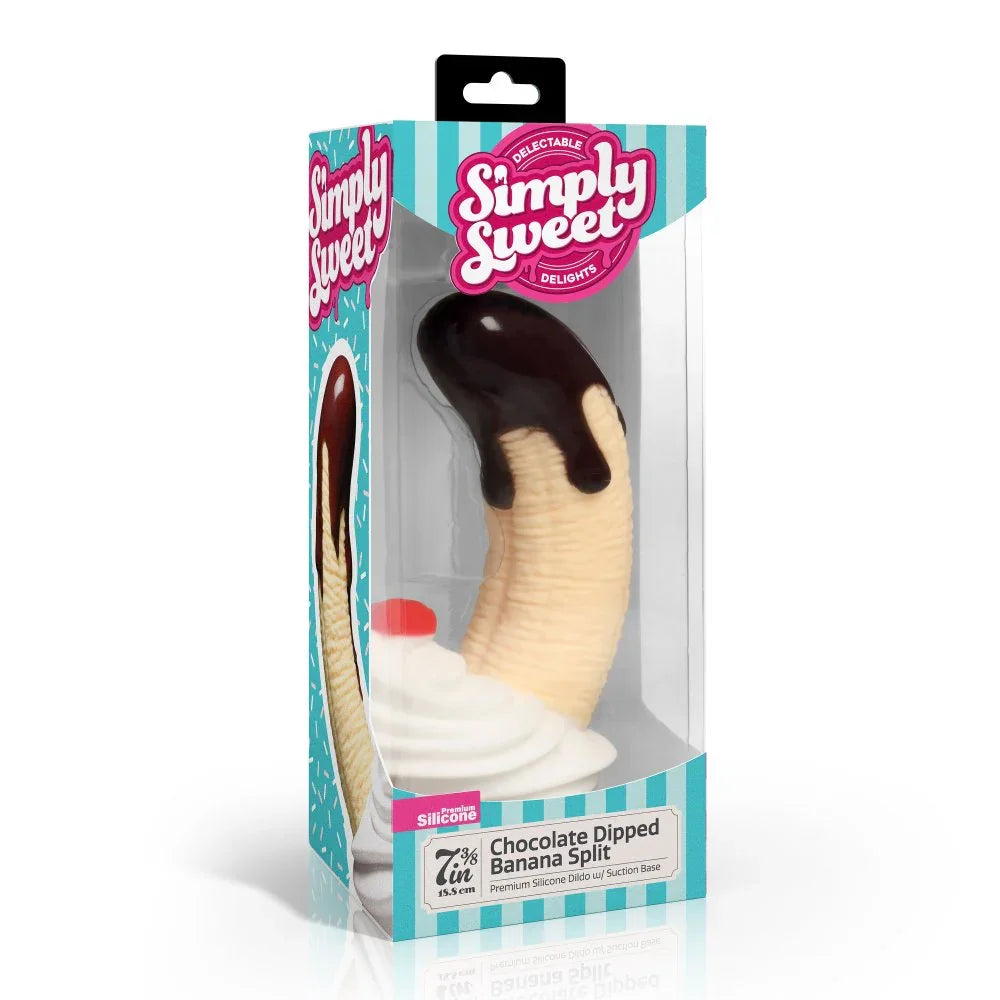 Chocolate dipped banana split toy in packaging with 'Simply Sweet' branding.