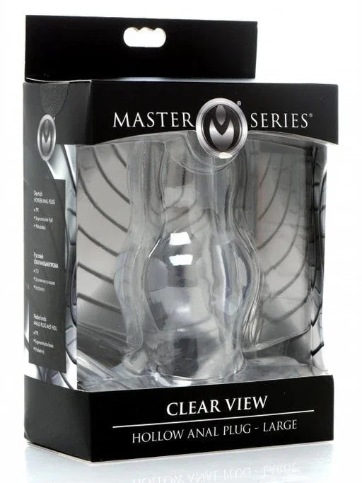Clear view hollow anal plug in packaging with Master Series branding.
