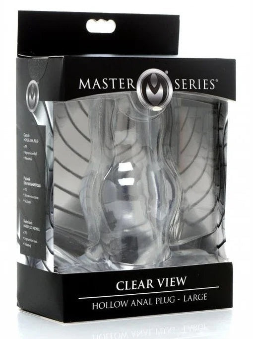 Clear view of Master Series hollow anal plug packaging on a white background