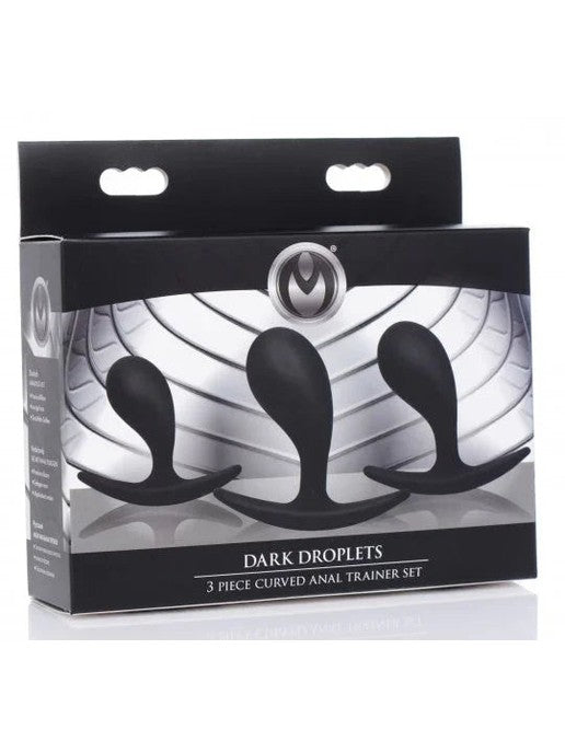 Box of 'Dark Droplets' 3-piece curved anal trainer set on a white background
