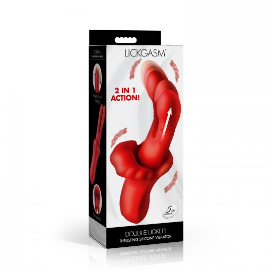 Lickgasm Double Licker Thrusting Silicone Vibrator in its retail packaging, featuring a white and black box with a graphic of the red silicone device.