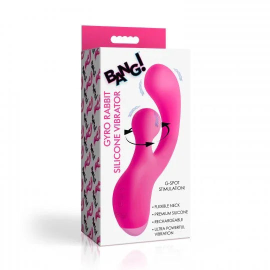 Pink silicone vibrator with packaging labeled 'BANG!' on a white background