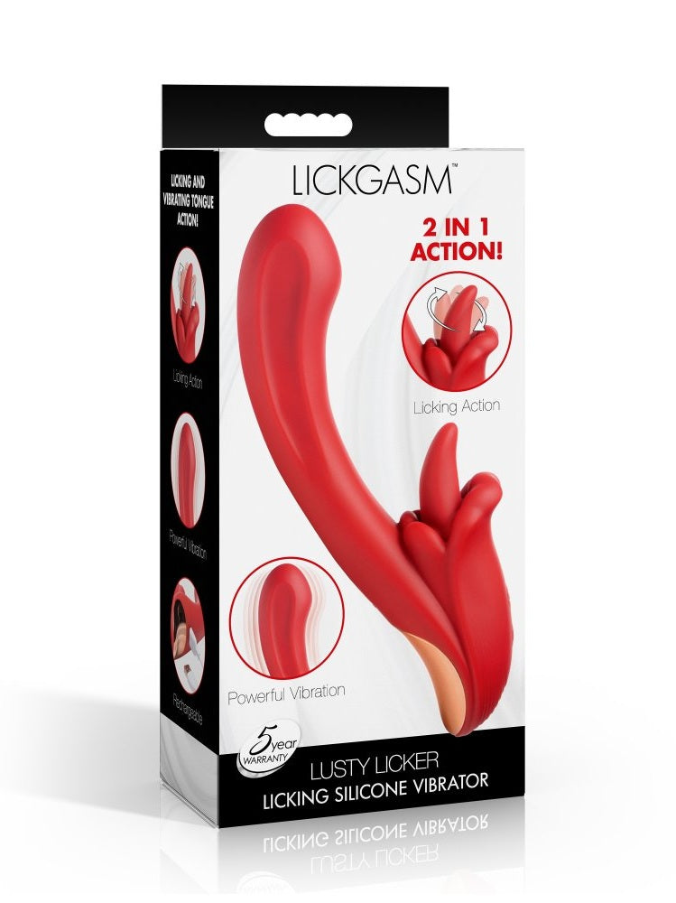 Lustful Licker packaging with red silicone product and 'Lickgasm' branding on a white background