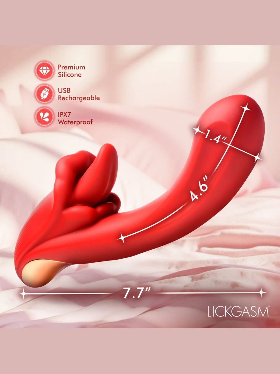 Red silicone toy with dimensions and features on a soft pink background