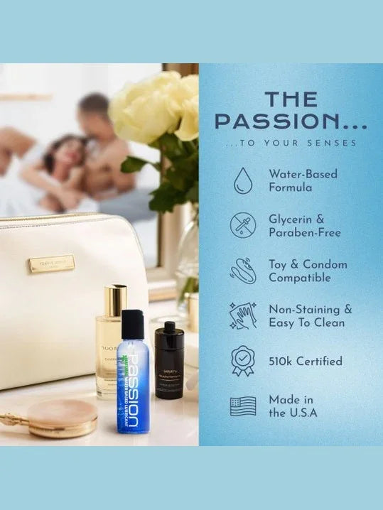 Product packaging with branding and product features on a light blue background