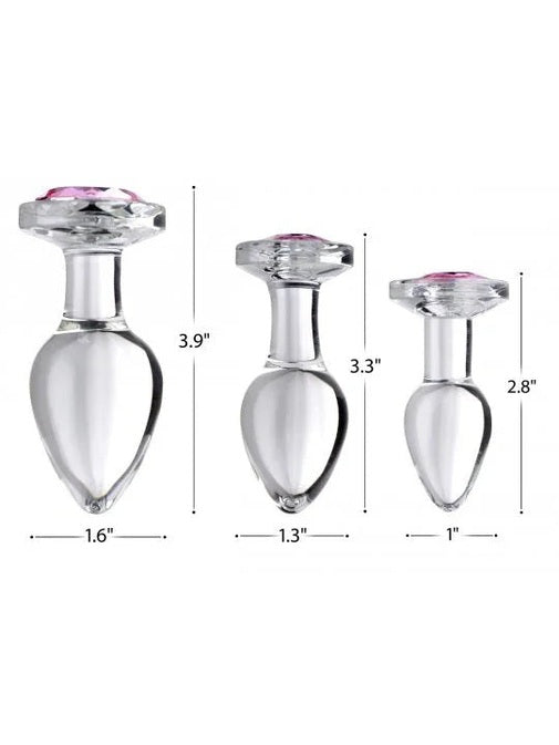 Three clear heart-shaped objects with pink tops, labeled with measurements on a white background.