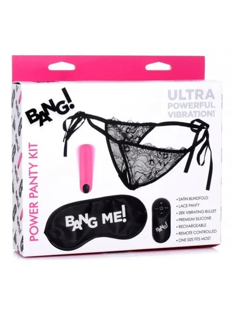 Boxed 'Bang!' power panty kit with black lace panties, remote control, and eye mask on a white background.