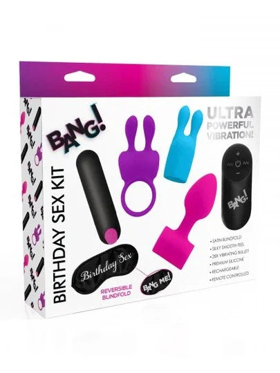 Sex toy kit packaging with colorful components on a white background