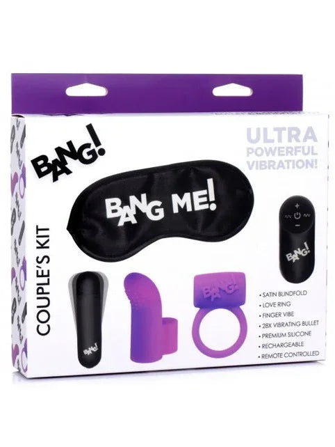 Product packaging for 'Bang!' couples kit with sleep mask and remote control on a white background