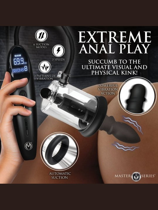 Sexual product with digital display and clear cylindrical component, labeled 'Extreme Anal Play' by Master Series.