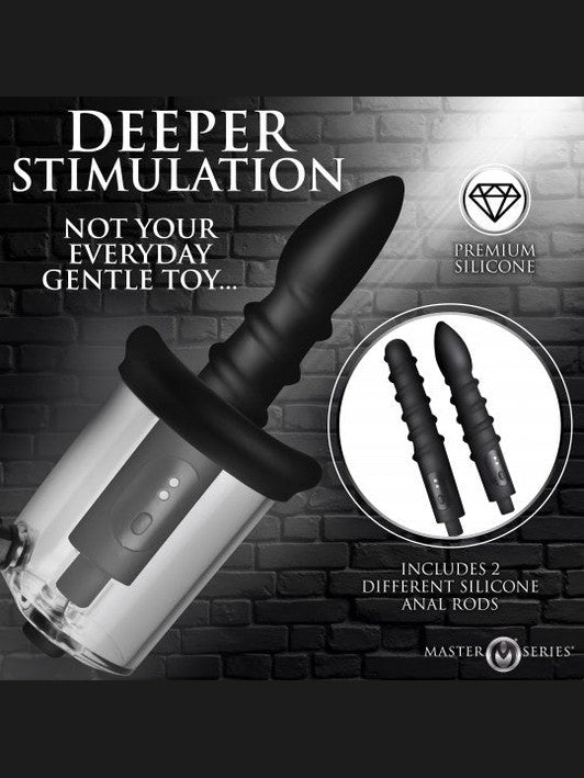 Black silicone anal toy with packaging on a brick wall background, featuring text about deeper stimulation.