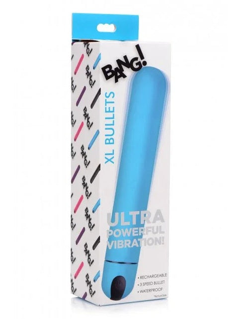 Boxed product with blue handle labeled 'XL Bullets' by 'BANG!' on a white background