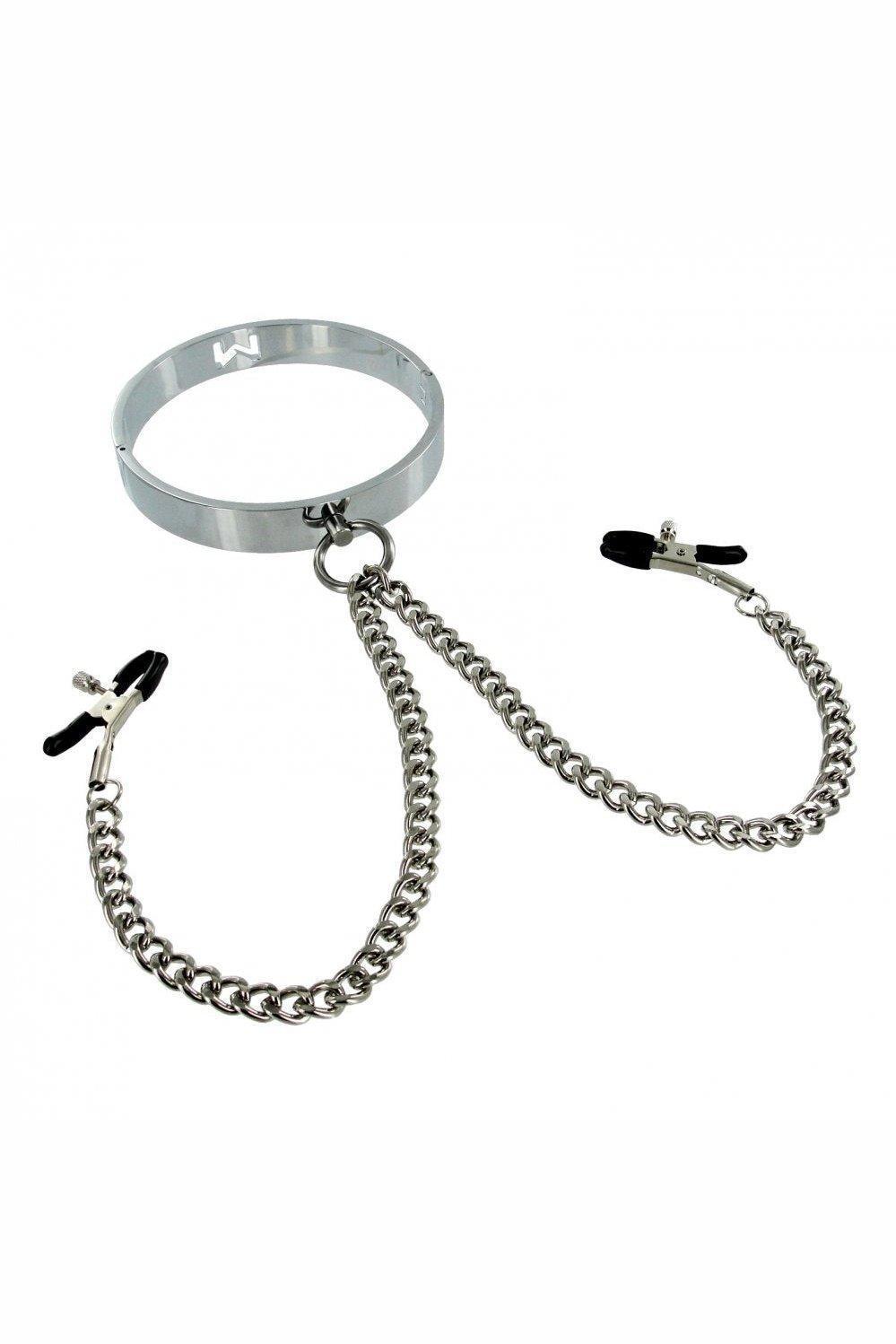 Chrome Slave Collar with Nipple Clamps - Small/Medium - Sex On the Go