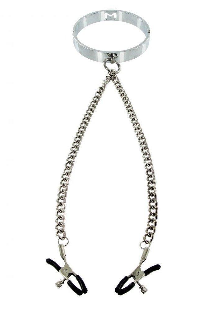 Chrome Slave Collar with Nipple Clamps - Small/Medium - Sex On the Go
