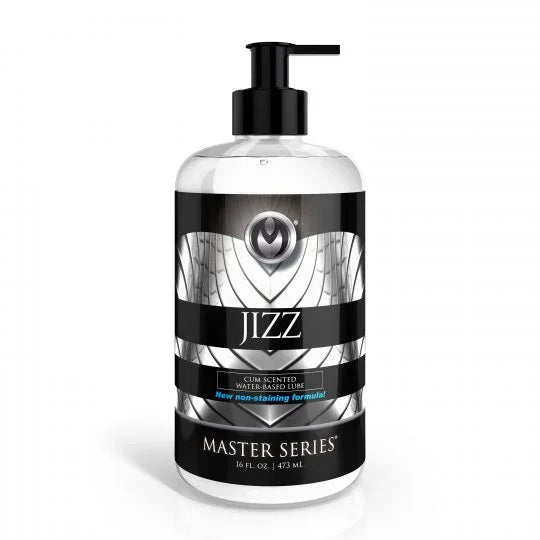 Bottle of Master Series Jizz lubricant on a white background