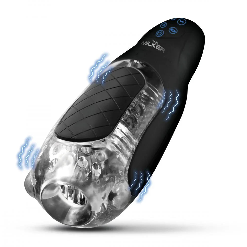 Black and clear device with 'Milker' branding on a white background
