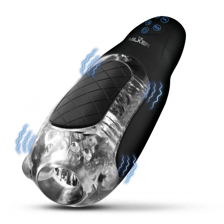 Black and clear device with 'Milker' branding on a white background