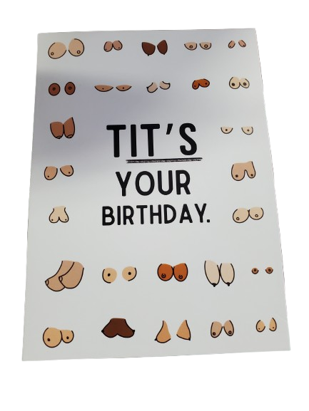 Card with 'TIT'S YOUR BIRTHDAY' text and small illustrations on a white background