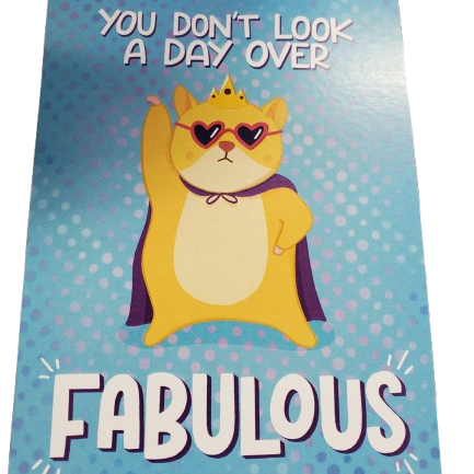 Cartoon cat with sunglasses and a crown on a blue background with text 'You don't look a day over fabulous'.