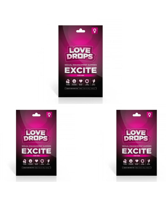Three packages of Love Drops Excite sexual enhancement drops on a white background