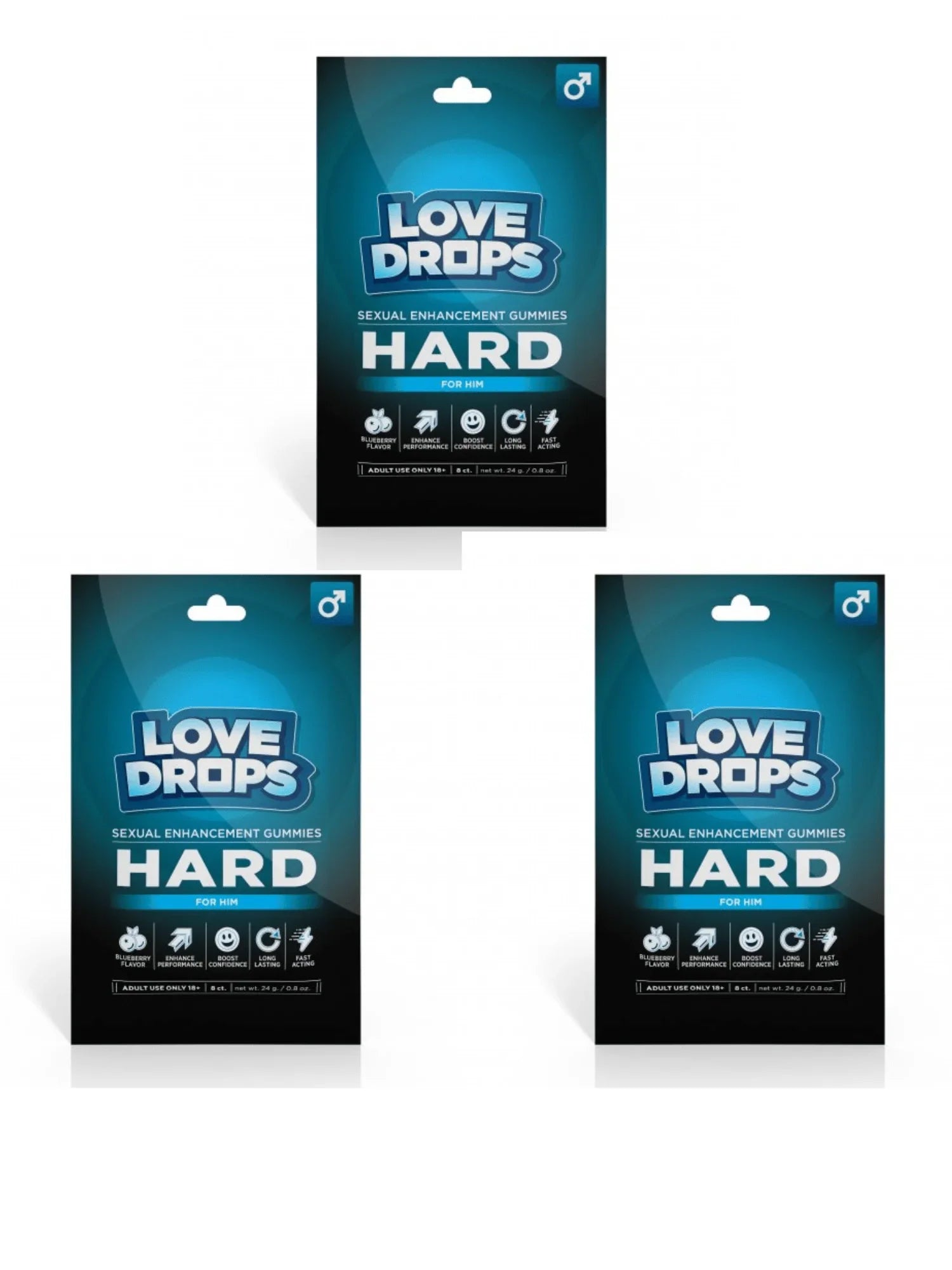 Three packages of Love Drops HARD on a white background