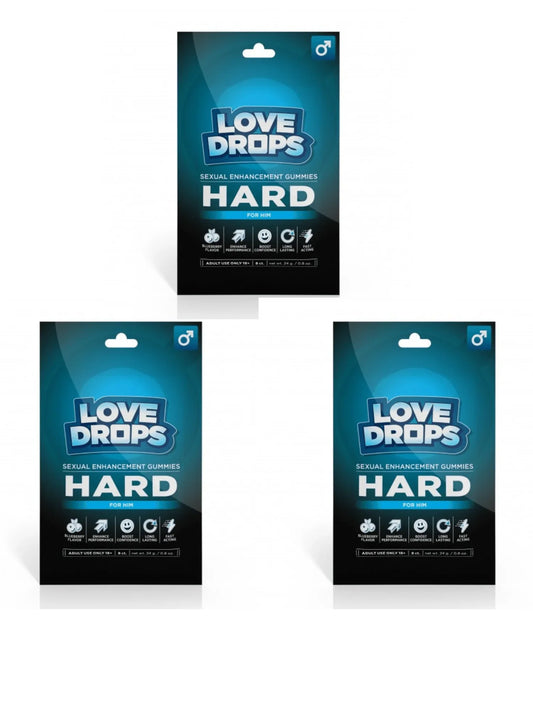 Three packages of Love Drops HARD on a white background