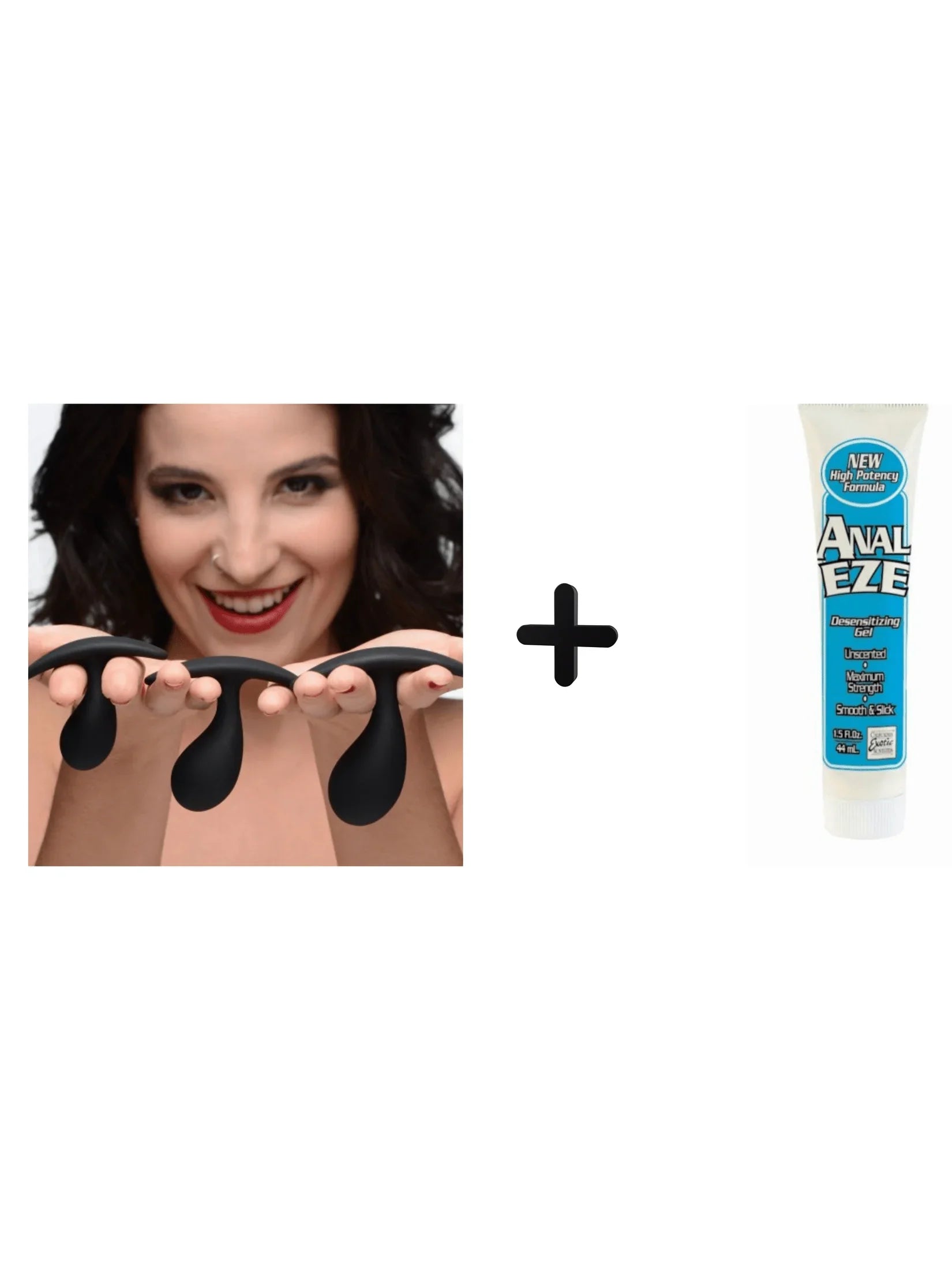 Woman holding black silicone products with a tube of Anal Ease on a white background