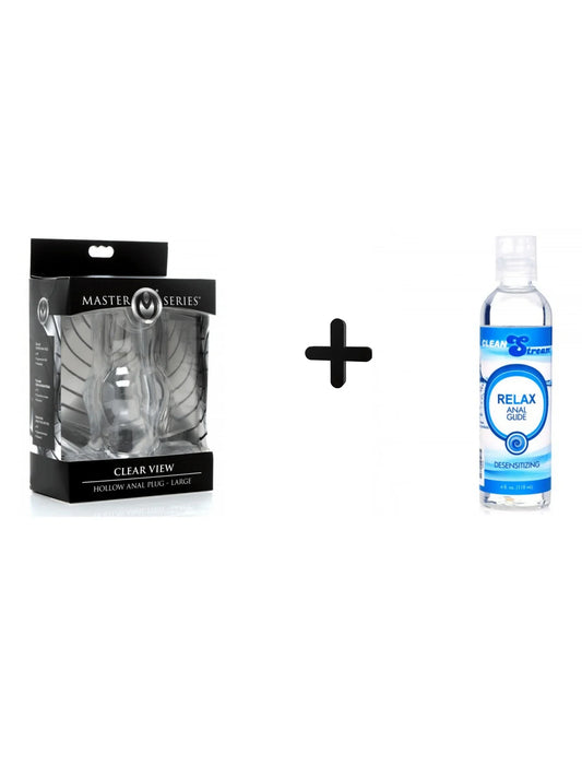 Product packaging for 'Clear View' clear item and a bottle labeled 'Relax' on a white background.