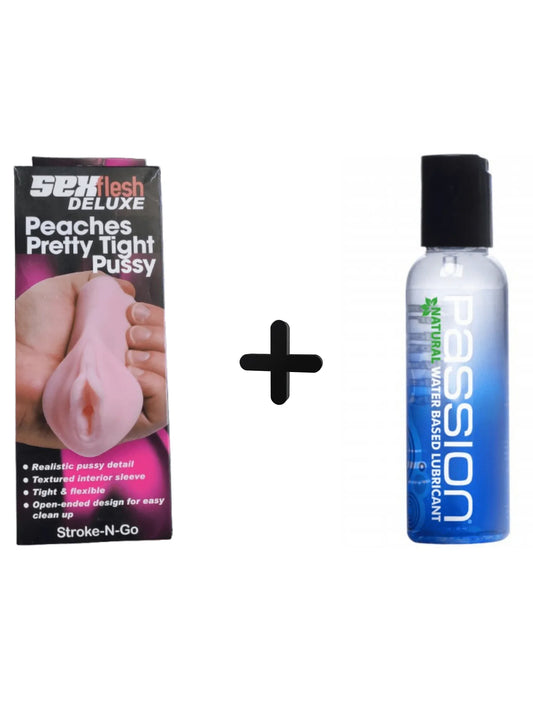 Sex flesh product packaging and a bottle of Passion lubricant on a white background