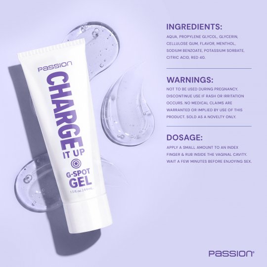 Tube of 'Charge It Up G-Spot Gel' with ingredients, warnings, and dosage information on a light purple background.
