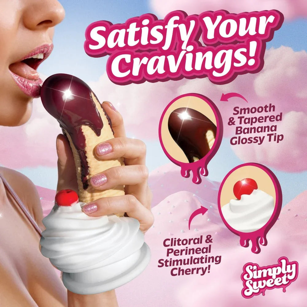Product advertisement with a hand holding a chocolate-dipped ice cream cone and cherry, labeled 'Simply Sweet'.