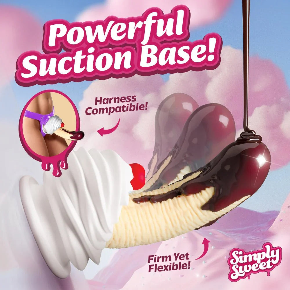 Product advertisement for a 'Powerful Suction Base' with ice cream cone design on a colorful background.