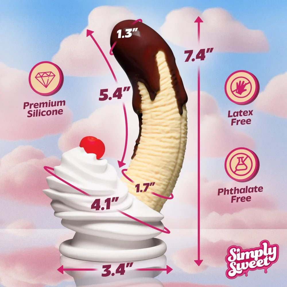 Measurement chart of an ice cream cone with 'Simply Sweet' branding against a cloud background.