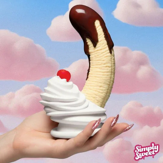 Ice cream cone with chocolate sauce and cherry on top held by a hand against a cloud-themed background with 'Simply Sweet' branding.