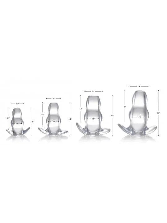 Clear silicone baby teether with measurements on a white background