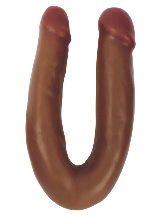 Brown U-shaped dildo object on a white background