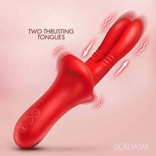 Red dual-tongue vibrating massager shown on a soft pink background with text reading 'TWO THRUSTING TONGUES' and the brand name 'LICKGASM' in the corner.