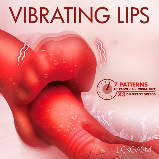 Red silicone vibrating lips novelty product shown on a pale pink background with marketing text reading 'VIBRATING LIPS' and '7 PATTERNS OF POWERFUL VIBRATION x3 DIFFERENT SPEEDS'.