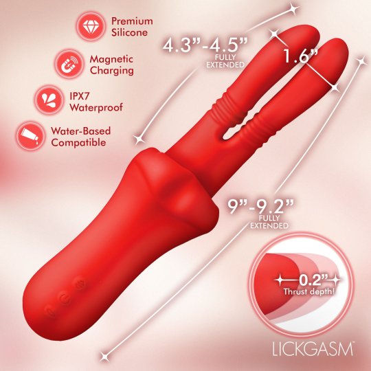 Red dual-stimulation silicone vibrator with dimension callouts showing fully extended lengths of 4.3-4.