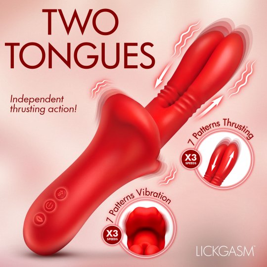 Red two-tongue vibrator shown on a soft pink background with promotional text reading 'TWO TONGUES' and feature callouts for 7 patterns thrusting and 7 patterns vibration. The brand name LICKGASM appears in the lower right.