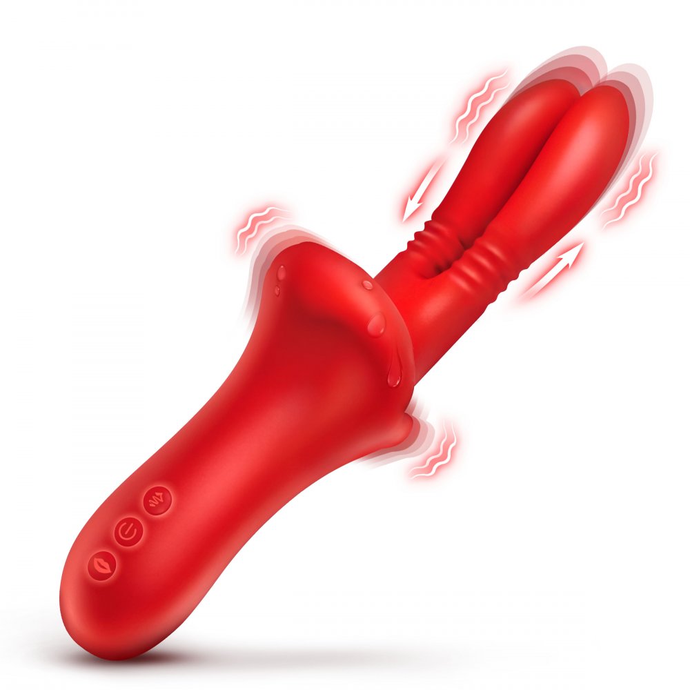 Red dual-stimulation personal massager with a curved handle and dual prongs, shown on a white background with motion blur and red vibration icons.