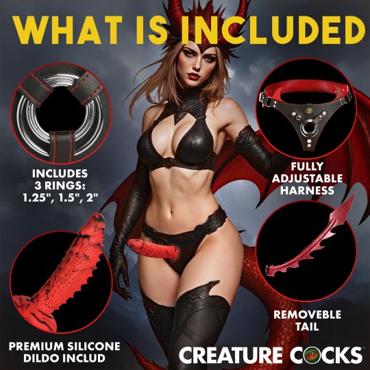 Promotional graphic for a devil-themed dildo set, featuring a woman in a black lingerie costume with red horns and wings, surrounded by three circular inset product photos labeled for rings, adjustable harness, and removable tail. Large text reads 'WHAT IS INCLUDED' and 'CREATURE COCKS'.