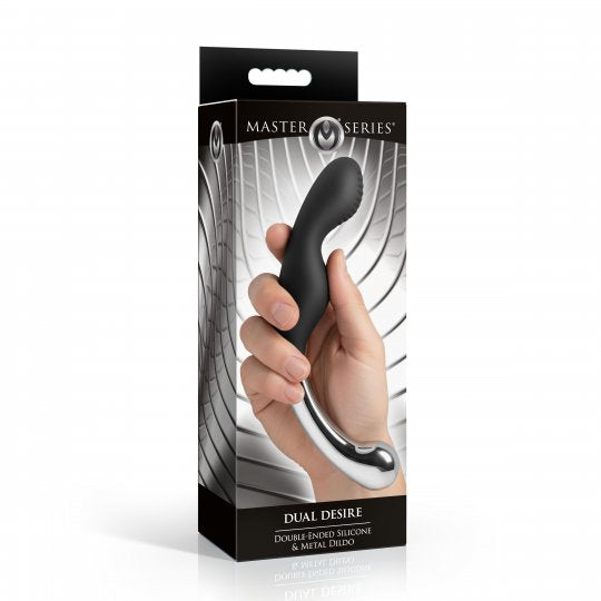 Master Series Dual Desire double-ended silicone and metal dildo in its original retail packaging, featuring a black handle and silver metal tip.