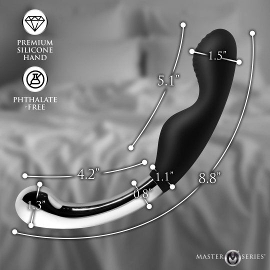 Black and white product diagram of a Master Series silicone hand with dimension measurements overlaid on a blurred background, featuring icons for premium silicone hand and phthalate-free material.