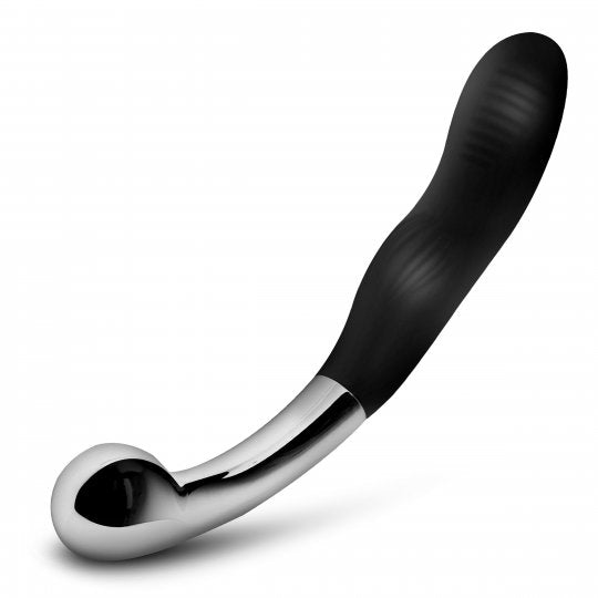 Curved personal massager with a glossy black silicone shaft and a polished chrome metal base, shown on a white background.