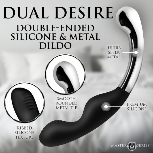 Black and silver dual-ended dildo labeled 'DUAL DESIRE DOUBLE-ENDED SILICONE & METAL DILDO' with callout circles highlighting ribbed silicone texture, smooth rounded metal tip, and ultra sleek metal shaft. Master Series branding appears at the bottom right.