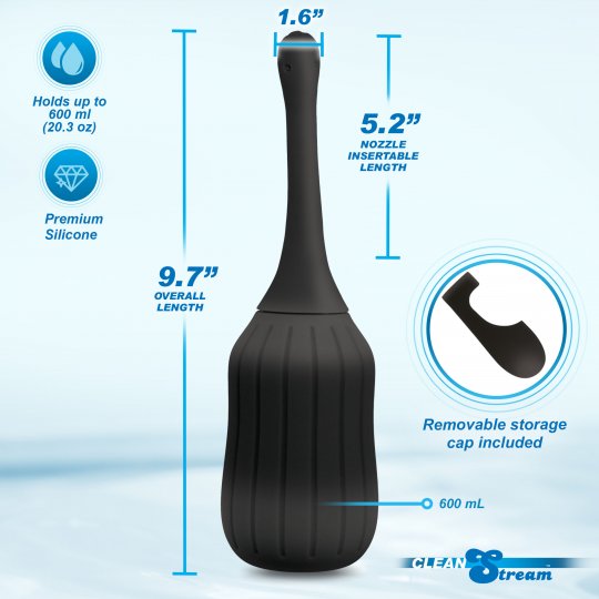 Black silicone bulb syringe with measurements and features on a light blue background