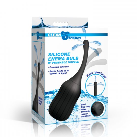 Package of CleanStream silicone enema bulb with poseable nozzle on a white background