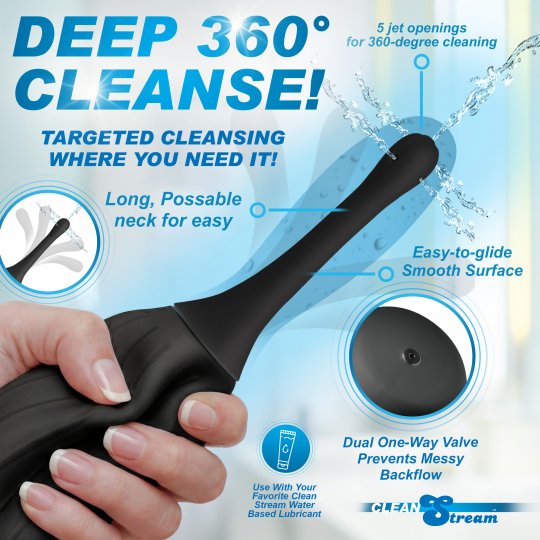 Black cleaning tool with features highlighted on a blue background, labeled 'DEEP 360° CLEANSE'.