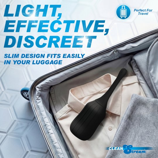 Open suitcase with a black cleaning tool inside, text about product features on a light blue background.